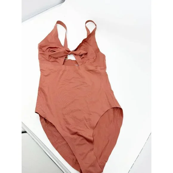 Knix Womens Peekaboo Tie One Piece Cutout V-Neck Bronze Coral Pink Medium